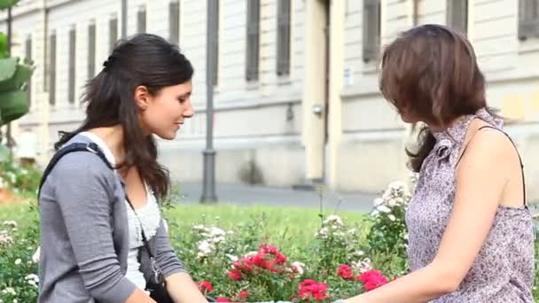 Две молодые женщины на скамейке в парке — стоковое видео