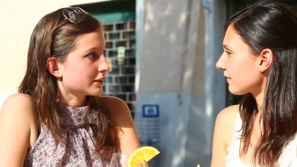 Duas jovens mulheres torcendo com bebidas frias — Vídeo de Stock