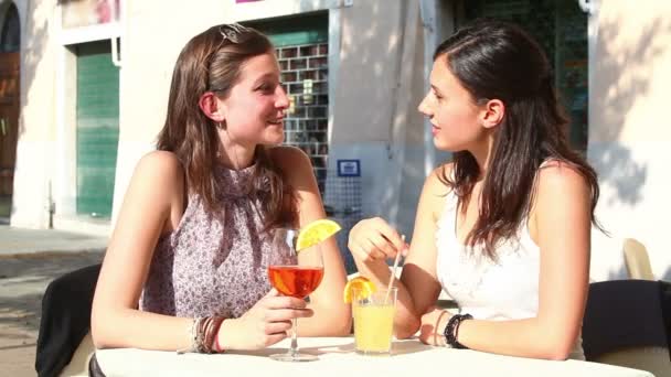 Dos mujeres jóvenes animando con bebidas frías — Vídeo de stock