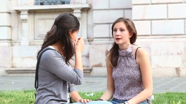 Duas jovens mulheres em um banco no parque — Vídeo de Stock