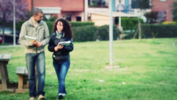 Zwei Studenten gehen zusammen und halten Bücher in der Hand — Stockvideo