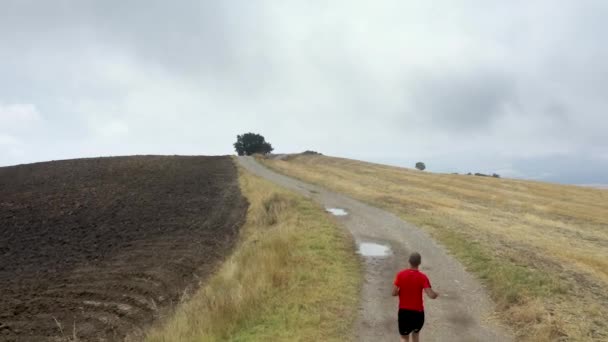 Vista aérea cinematográfica de un deportista corriendo por una carretera rural — Vídeos de Stock
