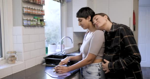 Glückliche Freundinnen lesbisches Paar mit schwangerer Frau, die gesunde Früchte isst — Stockvideo