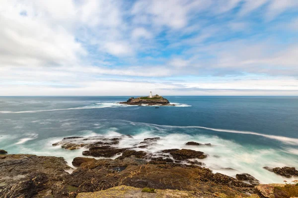 Panoramic Long Exposure Shot Lighthouse Seaside Cornwall Godrevy Point Waves — Stock fotografie