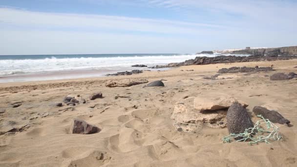 Widok na morze z piaszczystą plażą i falami oceanu na Fuerteventurze — Wideo stockowe