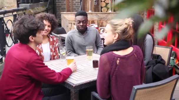 Fröhlich multirassische Gruppe von Freunden genießen zusammen trinken — Stockvideo