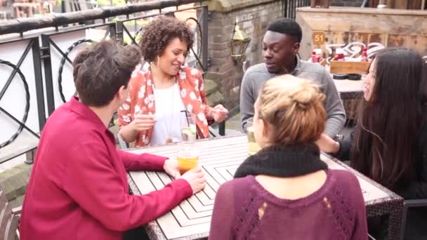 Feliz grupo multirracial de amigos disfrutando de la bebida juntos — Vídeo de stock