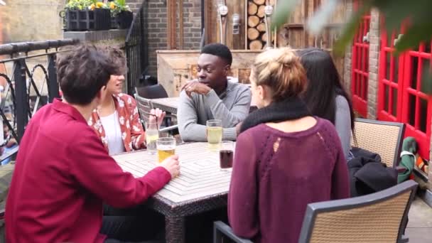 Fröhlich multirassische Gruppe von Freunden genießen zusammen trinken — Stockvideo