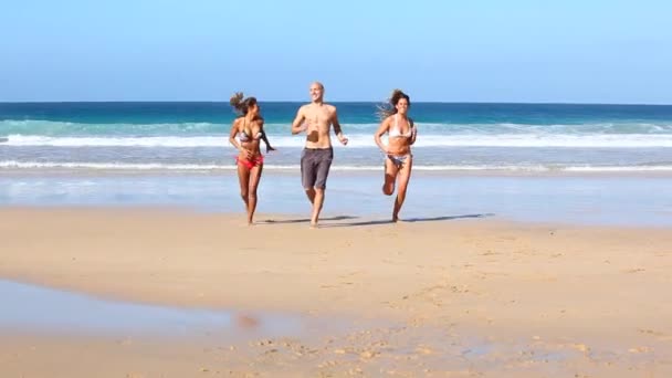 海辺のビーチで走る多人種の友人のグループ — ストック動画