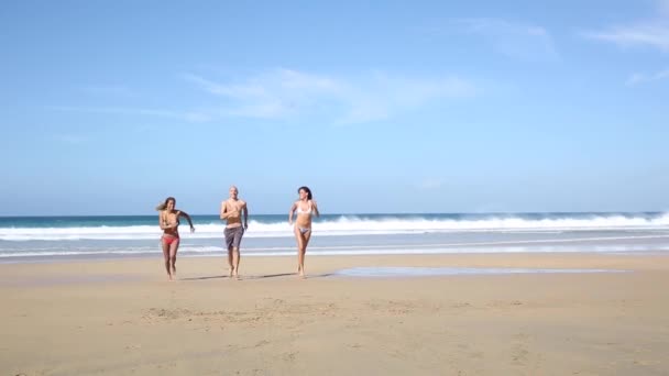 ビーチでジャンプし、成功を祝う多人種の友人のグループ — ストック動画