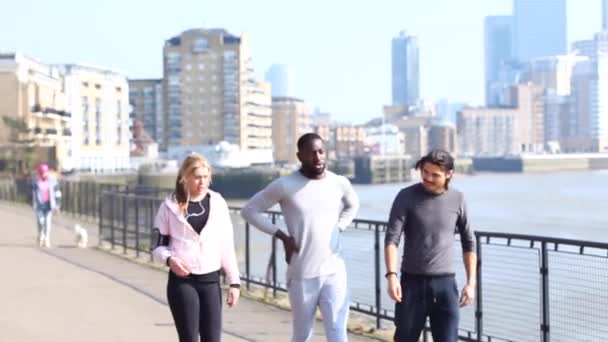 Vielrassige Menschen gehen nach dem Laufen und Training gemeinsam spazieren — Stockvideo