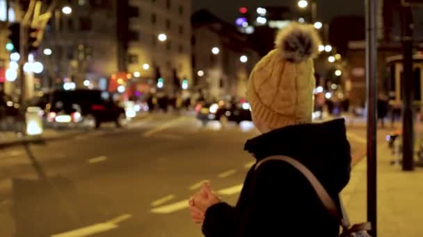 Vista trasera de la mujer de pie junto a una calle concurrida en la ciudad por la noche — Vídeos de Stock