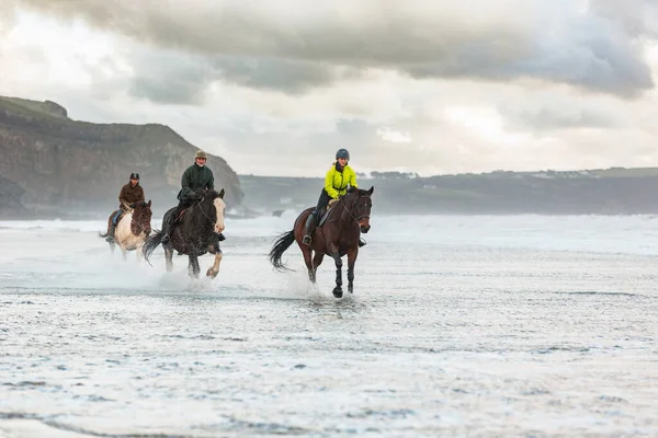 Pferde Galoppieren Auf Einem Regenstrahl Strand Drei Menschen Reiten Einem — Stockfoto