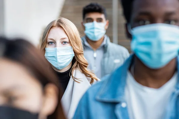 Authentic Shot Multiracial People City Wearing Face Mask Walking Pavement — Stock Photo, Image