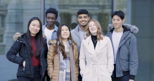 Multiracial Group College Student Friends Portrait Laughing Looking Camera Together — Stock video