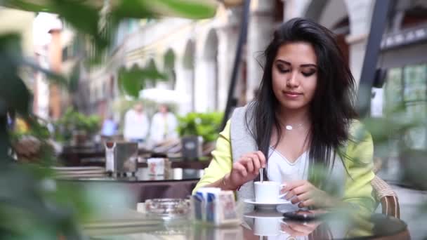 Beautiful Mixed Race Girl Asian Caucasian Enjoying Espresso Coffee Cafe — Wideo stockowe