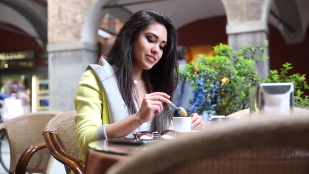 Beautiful Mixed Race Girl Asian Caucasian Enjoying Espresso Coffee Cafe — 图库视频影像
