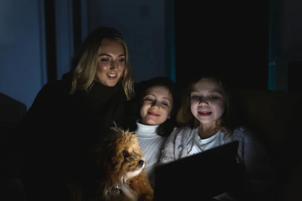 Authentic Shot Two Happy Girls Together Mum Dog Playing Digital — Stock Photo, Image