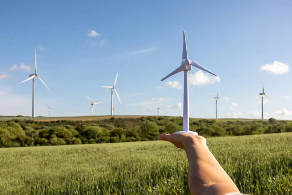 Engineer Landowner Fields Holding Wind Turbine Model Real Wind Farm — Stock Photo, Image