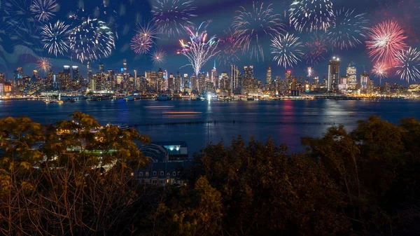 Fireworks 4Th July Celebrations New York Usa American Flag Sky — Foto Stock
