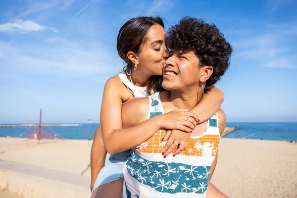 Happy Latin Couple Barcelona Having Fun Man Giving Piggyback Ride — Stok fotoğraf