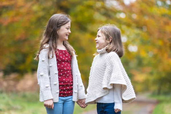 Two Lovely Girls Sisters Daughters Holding Hands Wood Smiling Each — Stock Photo, Image