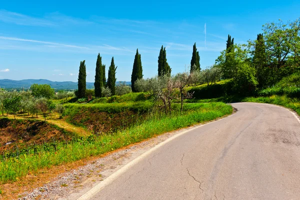 Асфальтована дорога веде до фермерський будинок у провінції Умбрія, Італія — стокове фото
