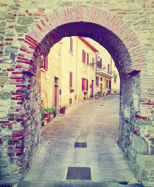 Narrow Alley with Old Buildings in Italian City, Retro Effect