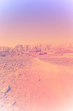 İsrail çölündeki kaya oluşumlarının soluk renk etkisinin nefes kesen manzarası. Yalnızlık, umutsuzluk ve depresyon kavramı olarak cansız ve ıssız bir sahne..