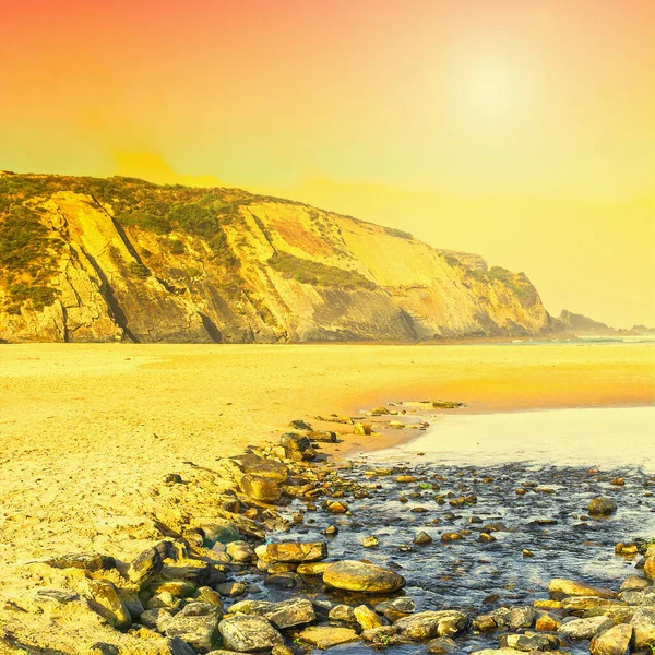 Playa Portuguesa Del Océano Atlántico Niebla Mañana Amanecer Impresionante Paisaje — Foto de Stock
