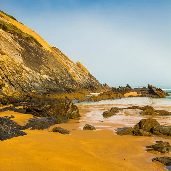 Spiaggia Portoghese Dell Oceano Atlantico Mattino Nebbia All Alba Paesaggio — Foto Stock