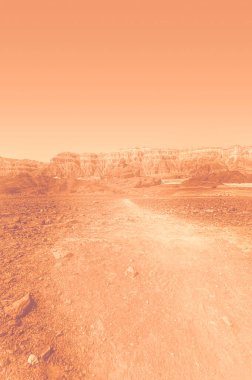 İsrail çölündeki kaya oluşumlarının nefes kesici manzarası şafak vakti çağdaş bir tarzda. Yalnızlık, umutsuzluk ve depresyon kavramı olarak cansız ve ıssız bir sahne..