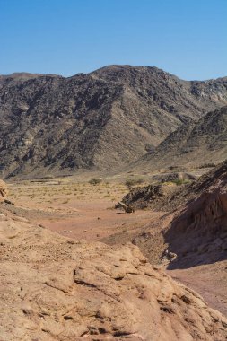 İsrail 'deki Negev Çölü' nün Rocky tepeleri. Güney İsrail 'deki kaya oluşumlarının nefes kesici manzarası. Tozlu dağlar wadiler ve derin kraterler tarafından kesildi..