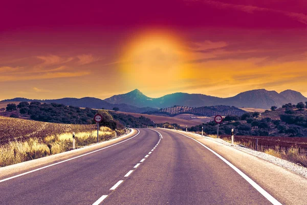 Асфальтовая Дорога Между Полями Испании После Заката Захватывающий Дух Пейзаж — стоковое фото