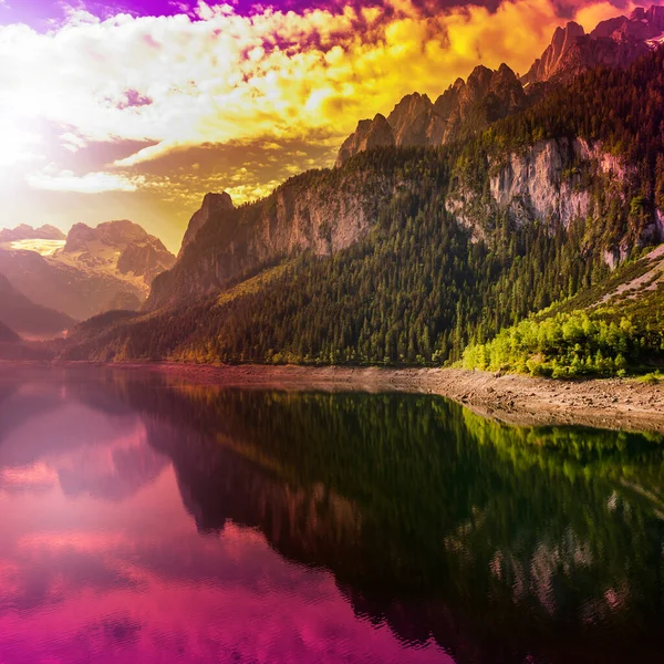 奥地利风景与森林 田野和牧场周围湖岣梢湖在阿尔卑斯的背景在日落 — 图库照片
