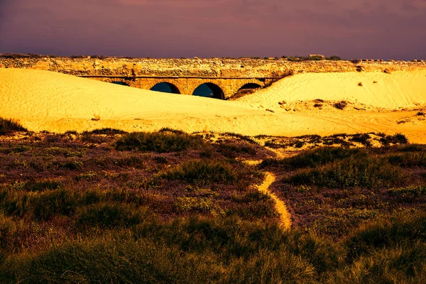Forntida Romersk Akvedukt Israels Medelhavskust Sanddynerna Gryningen Modern Stil — Stockfoto