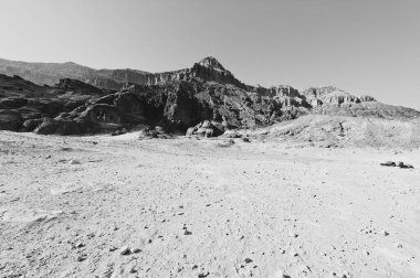 İsrail 'deki Negev Çölü' nün kayalık tepelerinde yalnızlık ve boşluk. Ortadoğu 'nun nefes kesici manzarası ve doğası. Siyah beyaz fotoğraf