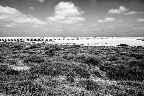 Ancient Roman Aqueduct Mediterranean Coast Israel Sand Dunes Black White — Stock fotografie