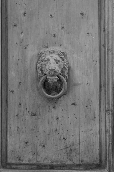 Μεταλλική Διακόσμηση Της Ιταλικής Ξύλινης Πόρτας Στην Τοσκάνη Μαύρο Και — Φωτογραφία Αρχείου