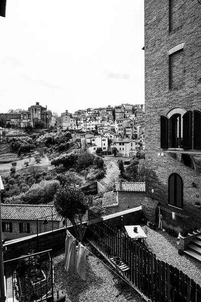 Architectuur Van Middeleeuwse Italiaanse Stad Siena Oude Gevel Ramen Met — Stockfoto