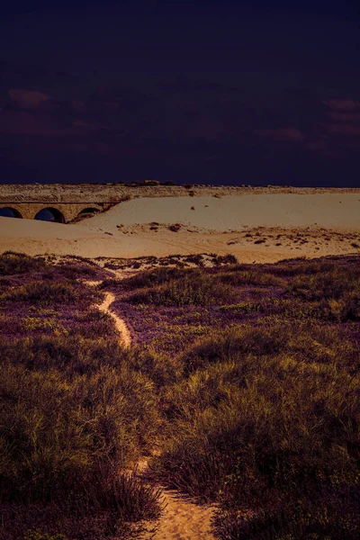 Antigo Aqueduto Romano Costa Mediterrânea Israel Nas Dunas Areia Amanhecer — Fotografia de Stock
