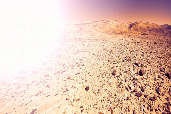 Lifeless Desolate Scene Breathtaking Landscape Rock Formations Israel Desert Sunset — Stock Photo, Image