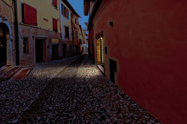 Narrow Medieval Street Italian Town Lazise Shores Lake Garda Sunrise — Stock Photo, Image