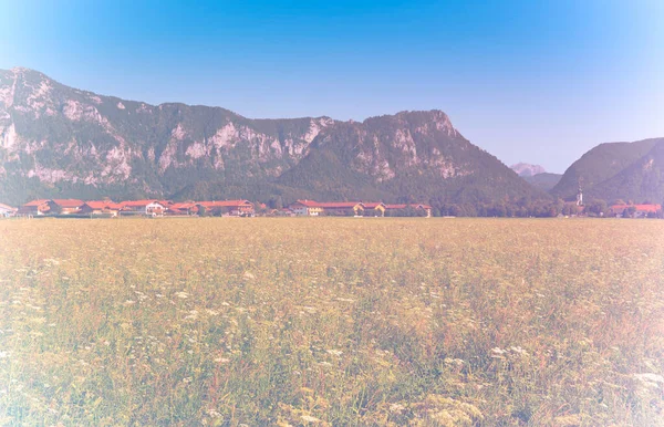 German Village Church Meadow Foot Bavarian Alps Faded Color Effect — Stock Photo, Image
