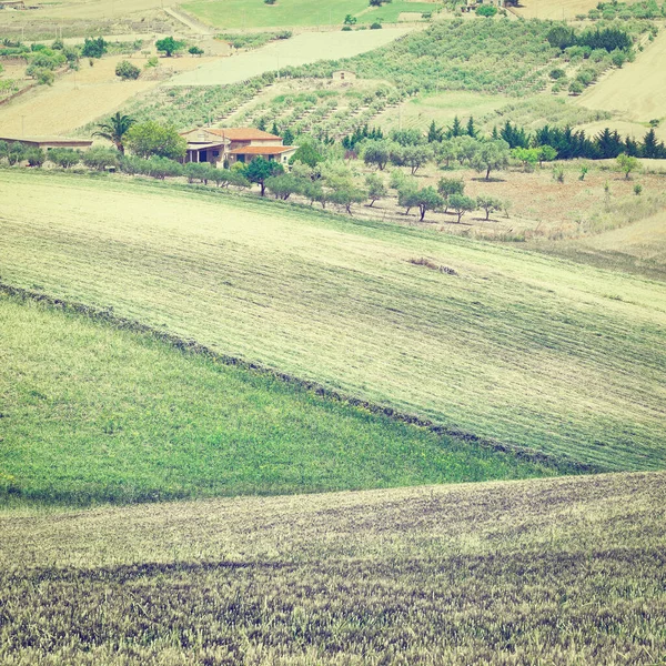 Stoppelfelder Auf Den Hügeln Siziliens Instagram Effekt — Stockfoto