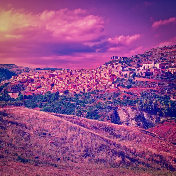 Typical Sicilian Medieval Town Top Mountain Sunset Instagram Effect — Stock Photo, Image