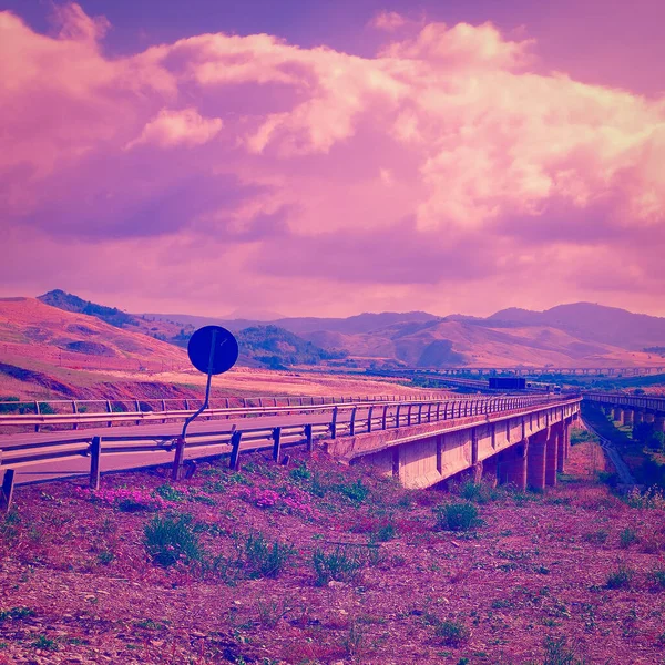 Carretera Isla Sicilia Italia Atardecer Instagram Effect — Foto de Stock