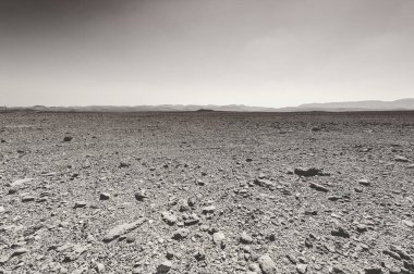İsrail 'deki Negev Çölü' nün Rocky tepeleri. Ortadoğu 'nun nefes kesici manzarası ve doğası. Siyah beyaz fotoğraf