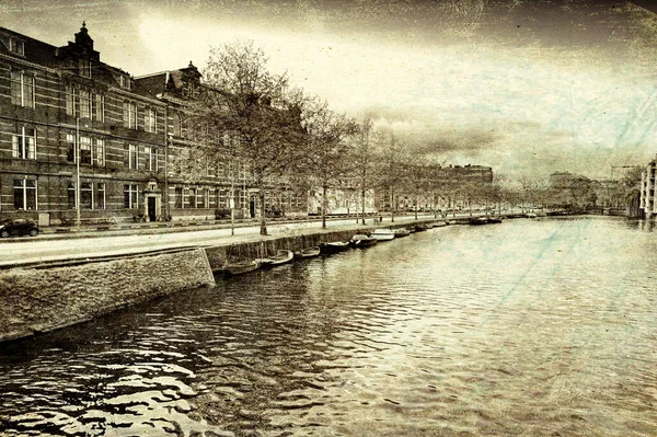 Scène Urbaine Amsterdam Avec Une Architecture Locale Typique Embankment Dans — Photo