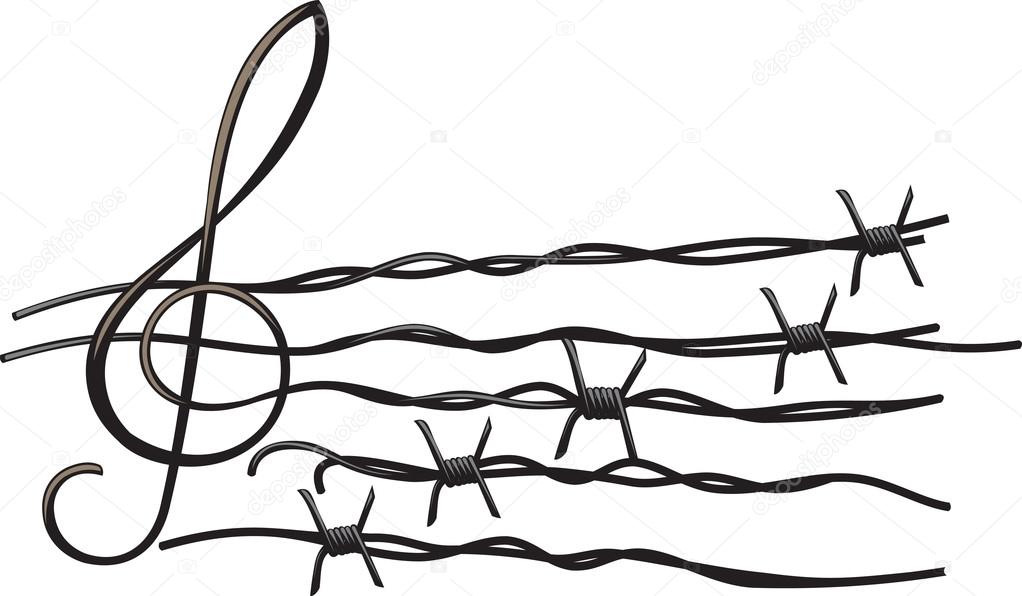 Musical notes tearing barbed wire